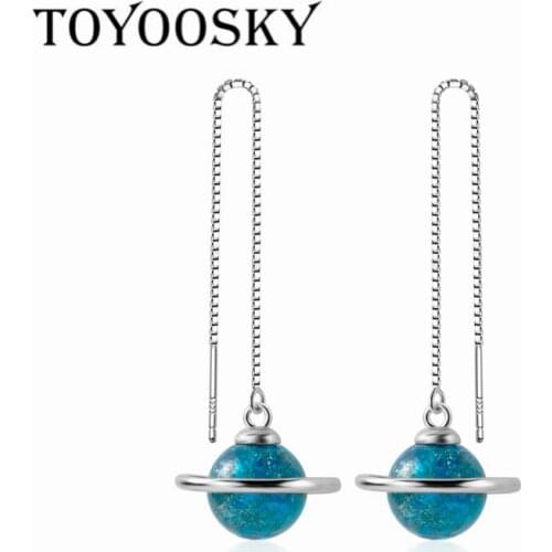 S925 Stamp Silver Blue Planet Tassel Earrings for Women Piercing Ear Studs Girl Gift Contracted Dropshipping Jewelry
