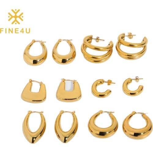 FINE4U E319 Womens Geometric Hoop Earrings Collections Jewelry Stainless Steel Chunky Round Square Earrings Hypoallergenic