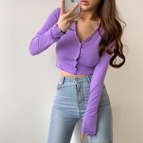 Sexy Slim Elegant Wild Crop Tops 2021 Solid Color Long Sleeve V-Neck Buttons Down Exposed Navel T-Shirt for Women Ladies