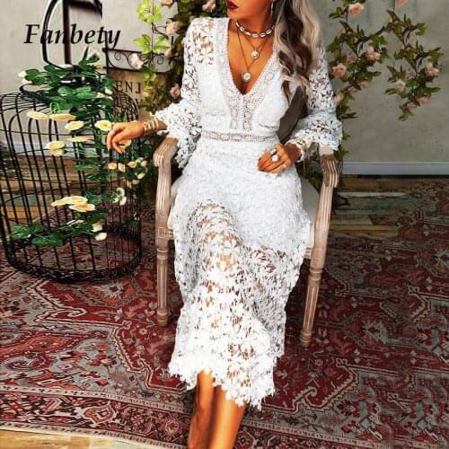Elegant Flower Lace Hollow Out Sheer Party Dress Women Summer Sexy V-Neck Office Lady Dress 2021 Autumn Flare Sleeve Beach Dress
