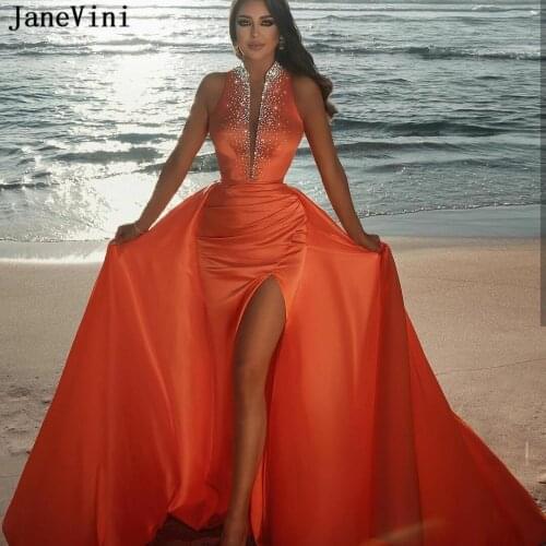 JaneVini 2021 Orange Sexy Mermaid Evening Dresses with Detachable Train Sequins Beaded High Split Satin Women Formal Prom Gowns