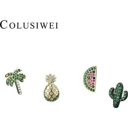Colusiwei 1PC 925 Sterling Silver Summer Fruit Pineapple Coconut Stud Earring Cactus Watermelon Plant Earrings for Women Jewelry