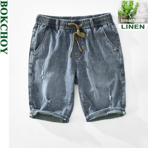 2021 Summer Spring New Men Denim Shorts Thin Trend Elastic Waist Tie Straight Loose Five-point Pants Gray Blue Workwear GD-602