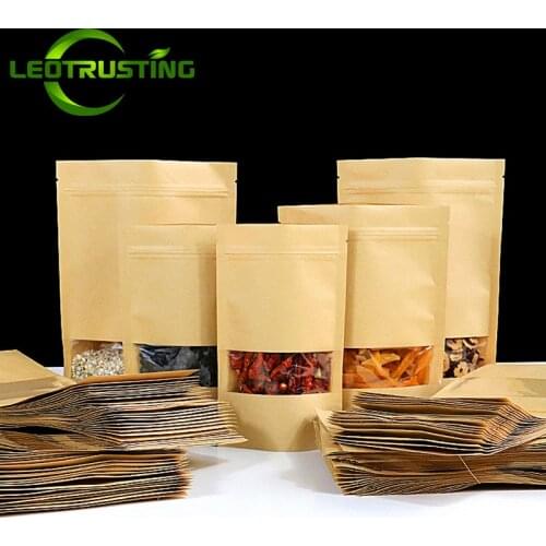Leotrusting 50pcs Stand-up Kraft Paper Clear Window Zip-Lock Bag Heat Sealing Snack Coffee Powder Nuts Tea Spice Storage Bags