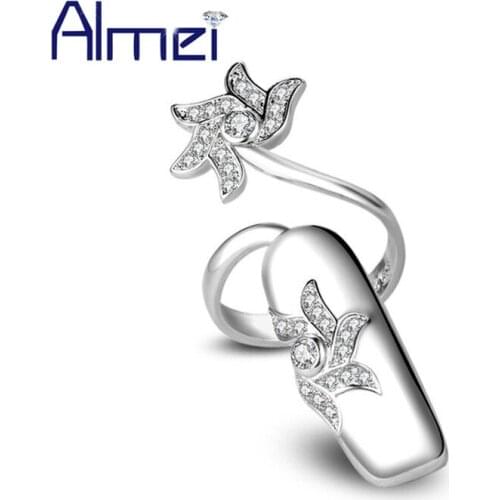 Almei 5% Beautiful Flower Adjustable Nail Rings For Women Female Crystal Fingernail Ring Jewellery Silver Color Jewelry SZ285