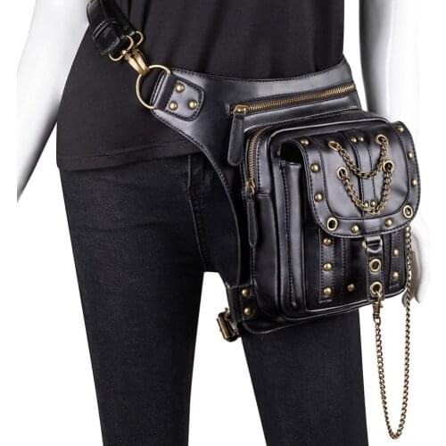 Black PU Leather Rivet Chain Leg Holster Retro Rock Steampunk Backpack Women & Men Motorcycle Gothic Messenger Shoulder Belt Bag