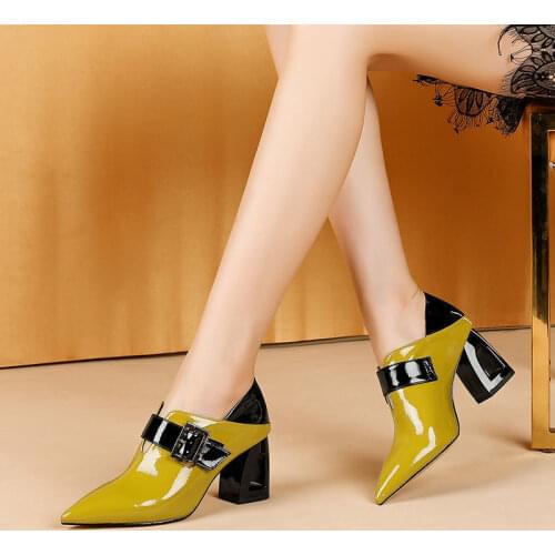 Cresfimix Women Fashion Yellow & Black Pu Leather Pointed Toe Square Heel Shoes Lady Cool Spring Buckle Strap Heel Shoes A6977