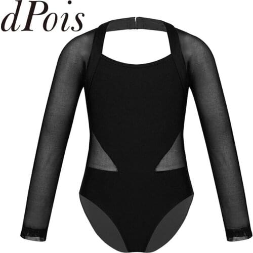 Kids Gymnastics Leotard Long Sleeves Cutout Back Mesh Splice Ballet Leotards Jumpsuit Bodysuit Girls Dancewear Ballerina
