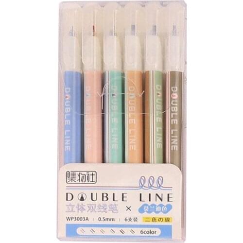 6pcs/set Morandi Color Double Line Fluorescent Marker Outline Pen Highlighter
