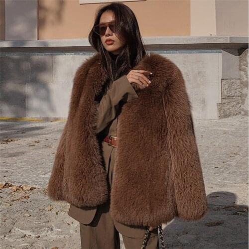 FURSARCAR 2020 New Design Brown Color Winter Womens Fur Jacket 60cm Long Natural Fox Fur Coat Fashion Genuine Fur Coats