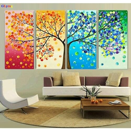 GLymg 5D Diy Diamond Embroidery Four Tree Quadruple Picture Diamond Painting Cross Stitch Full Round Landscape Mosaic Home Decor