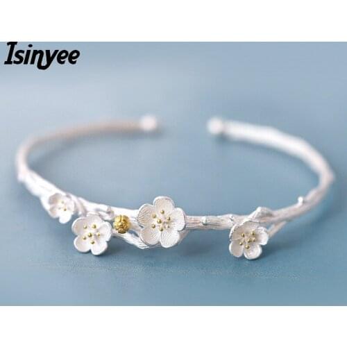 ISINYEE Korean Fashion Plum Flower Open Bangle Bracelets Manchette For Women Party Elegant Jewelry Friendship Christmas Gift