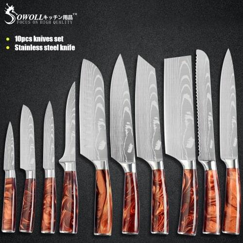Sowoll Cooking Stainless Steel Knife Set 8'' Chef Bread Slicing 7'' Santoku Chopping 5'' Utility 3.5'' Paring Knife Set