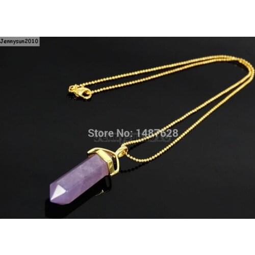 Natural Ame-thyst Gems Stones Hexagonal Pointed Healing Reiki Chakra Pendant Bead 17'' Chain Necklace 5 Sets/Pack