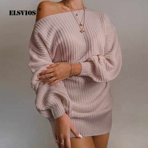 Autumn Winter Sexy Slash Neck Off Shoulder Knit Soft Dress Casual Lantern Sleeve Mini Dress Elegant Lady Solid Color Party Dress