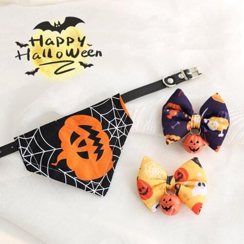 Halloween Cat Collar with BowTie Breakaway Kitten Collars with Bell Safety Adjustable Pet Bandanas Pumpkin for Kitty Puppy