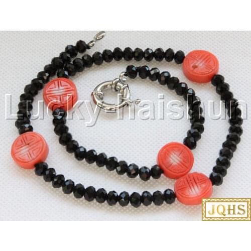 JQHS natural 18" 15mm coin pink coral black agates Beaded Strand necklace 18KGP clasp j12085