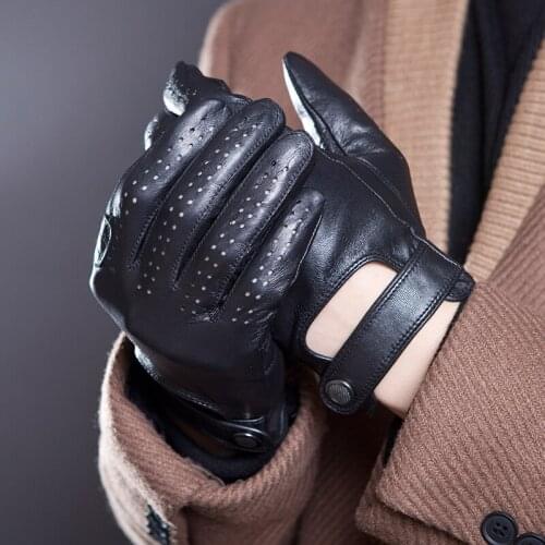 Fashion Genuine Leather Gloves Buckle Design Touch Screen Gloves Spring Autumn Sports Sheepskin Mittens Black