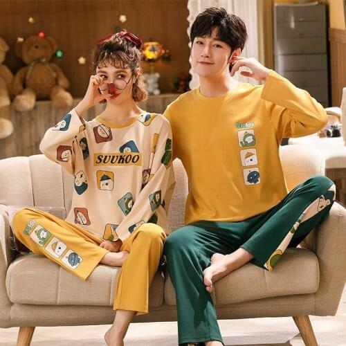 Korean Style Cartoon Couple Pajamas Set Summer Long Sleeve for Women Men Sleewpear Ladies Fashion Casual Nightwear