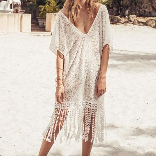 Casual White Lace Fringed Beach Coverups For Women Deep V-neck Loose Bikini Vacation Skirt Female Sexy Beach Dress Cover Up