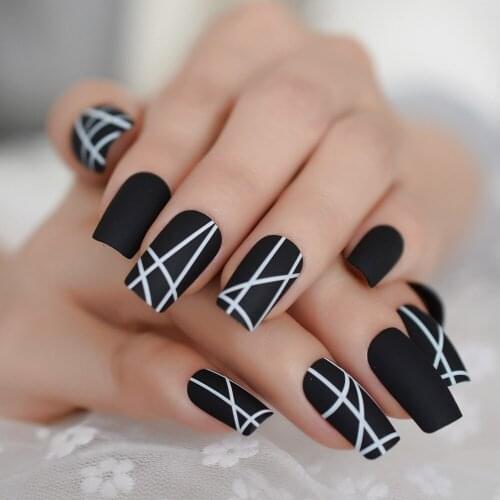 Cutting Grid Line Black Designed Nails Square Medium-Long Flase Hand Charms Fingernails Tips Supplies For professionals EchiQ