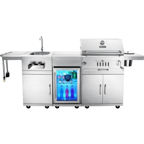 S.Steel charcoal BBQ grill with ice bucket and fridge,outdoor charcoal BBQ grill, charcoal griddle ,with skewer and motor