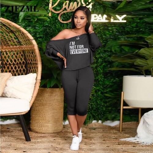 Sexy Asymmetrical Womens Set Letter Print One Shoulder Long Sleeve Loose T-shirt and Bodycon Knee Length Pant Casualwear Suit