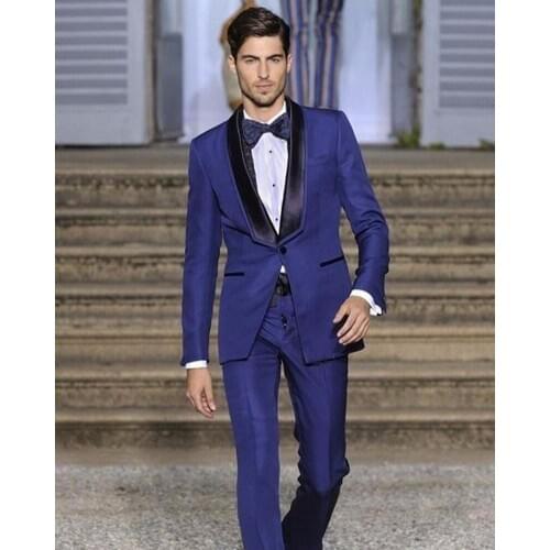 New Style Groomsmen Shawl Black Lapel Groom Tuxedos Royal Blue Mens Suits Wedding Best Man (Jacket+Pants+Tie+Hankerchief) B758
