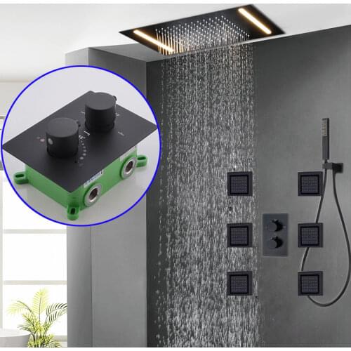 Embedded Box LED Shower Set Ceiling Mounted Black Shower Panel Showerheads Rainfall Bathroom Thermostatic System Mixer 360*500mm