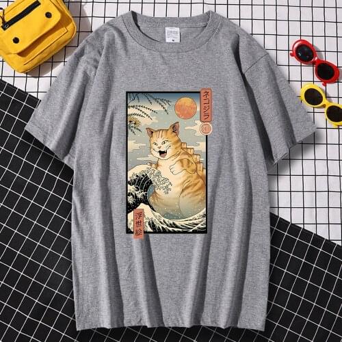 Ukiyo e Cat Cute Cartoon Print Tshirt Men Vintage Loose S-XXXL Tops Couple Summer Clothes Simplicity Oversize T-Shirt Men New