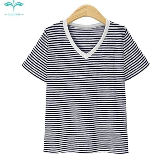 OUMOWEI Womens T-Shirt 2018 Fashion New Short-Sleeved T-Shirt V-Neck Striped Shirt T-Shirt Trend Wild Bottoming Shirt M-6XL