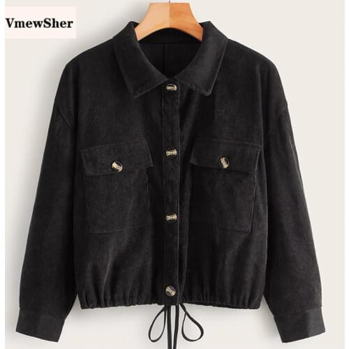 VmewSher New Black Autumn Jacket Women Corduroy Shirts 2020 Loose High Waist Short Coats Pleated Female Streetwear Outwear Chic