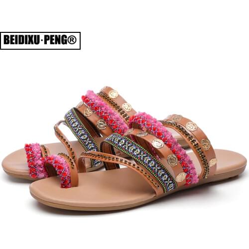 Womens Bohemian Sandals Summer Flats Female Casual Peep Toe Shoes Slip on Rhinestone Strappy Sandalias For Women