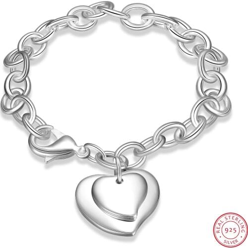 LEKANI New 925 Sterling Silver Jewelry Bracelet Silver 925 Jewelry Double Heart Bracelets for Women Charm Bracelets & Bangles