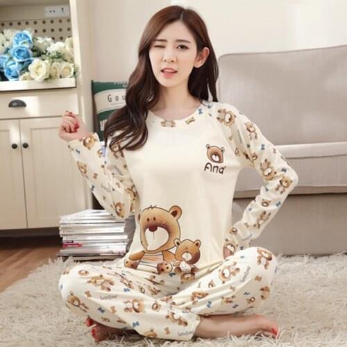 Women Cartoon Printed Pajamas Suit Spring Autumn Long Sleeve Cute Sleepwear o Neck Loose Leisure Mujer Home Clothes Female