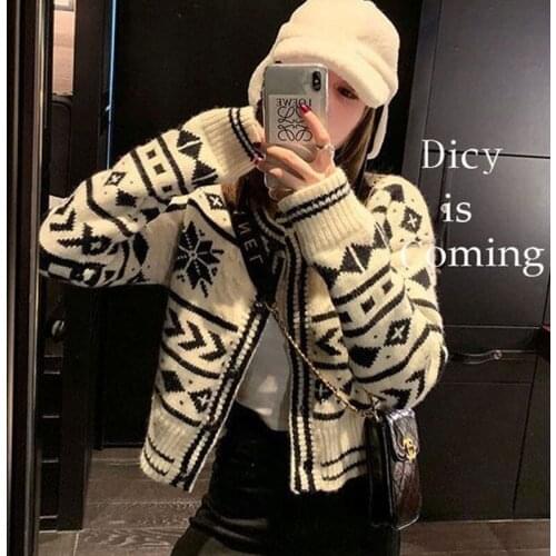 Women Sweaters 2020 Autumn V neck Ribbed Knitted Cardigan Vintage Korean Chic Jacquard Cardigan Ladies Long Sleeve Top Outerwear