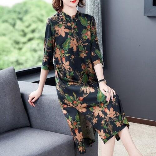 Green Printed Real Silk Loose Beach Summer Vintage Midi Dress 2021 Female 5XL Plus Size Sundress Elegant Bodycon Party Vestidos