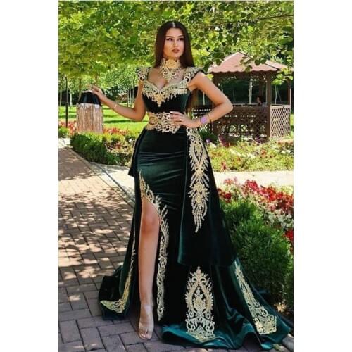 Elegant Arab Dubai Style Mermaid Evening Dresses Applique Side Split Prom Dress with Detachable Train robe de soiree Party Gowns