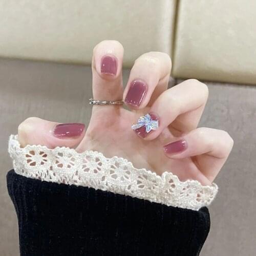24Pc Fake Nails Short Paragraph Jelly Color Aurora 3D Butterfly Wearing Nail Stickers Finished Nail Art With Glue