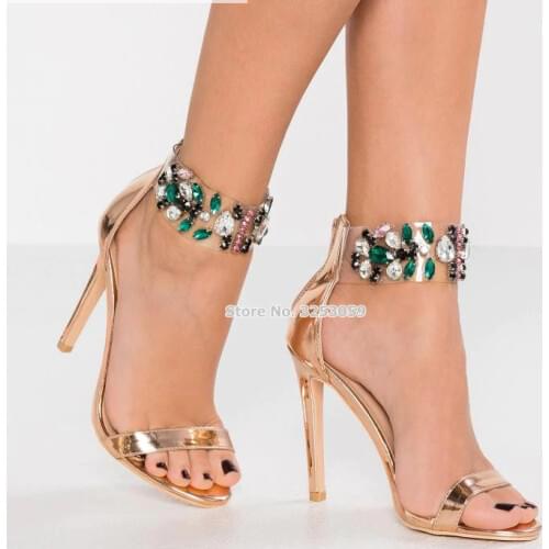 ALMUDENA Luxury Bling Bling Crystal Beaded Gladiator Sandals Stiletto Heels Gold Silver Single Strap Jewelry Wedding Shoes Pumps