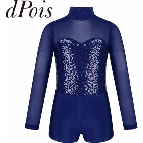 Teens Girls Kids Dance Wear Long Sleeves Mock Neck Sparkly Sequins Tulle Splice Ballet Gymnastic Leotard Ballet Biketard Unitard