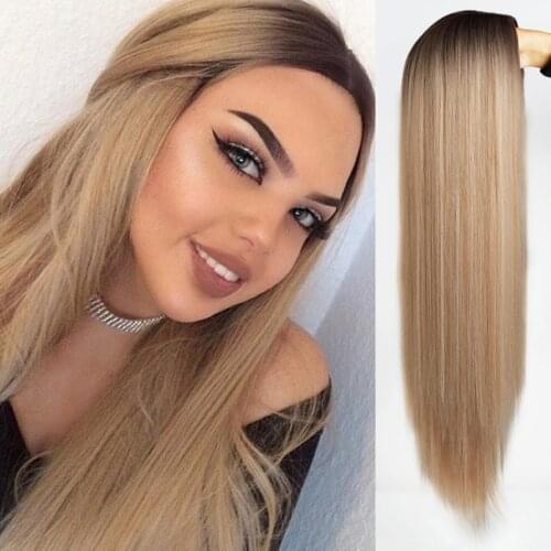 Long Straight Synthetic Wig Light brown Ombre Wigs for Women Mixed Black and purple Wig Middle Part Nature Hair