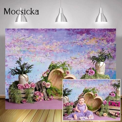 Purple Floral One Birthday Portrait Backdrop Photography Kids Cake Smash Background Abstract Flowers Painting Wall Green Grass