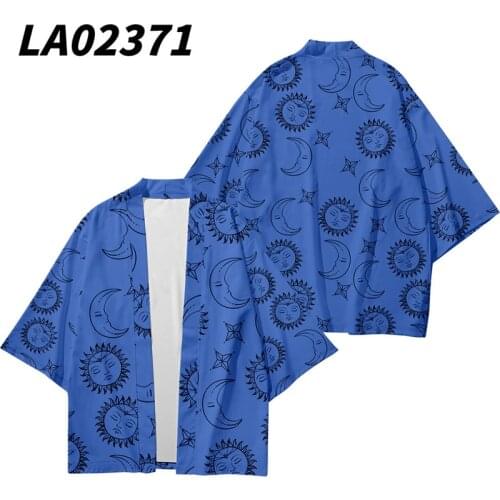 Sun Moon Star Printed 4 Color Kimono Cardigan Men Japanese Traditional Casual Loose Coat Pants Set Asian Clothes Harajuku