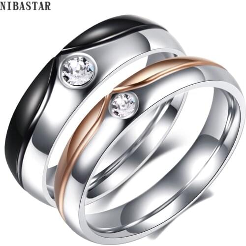 NIBASTAR Crystal Couple Ring For Women Men Simple Classic Wedding Couple Promise Jewelry Stainless Steel Rings