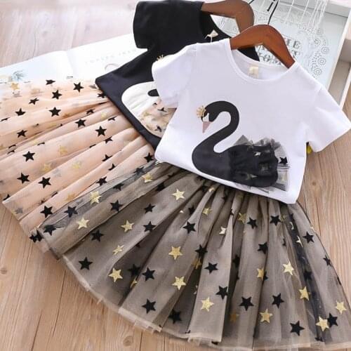 Baby Girl Summer Clothes Outfits Children Cartoon Swan T-shirt + Star Screen Skirt Boutique 2 To 8 Years Kids Clothing 2pc Set