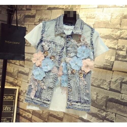 Spring autumn womens casual peony embroidery sleeveless jacket female vintage slim Tank top Jean jacket TB3382