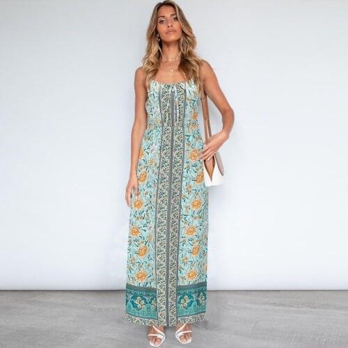 Summer New Womens Retro Floral Dress Plus Size Sexy Slim Bohemian Spaghetti Strap Dress Ankle Length Long Dress