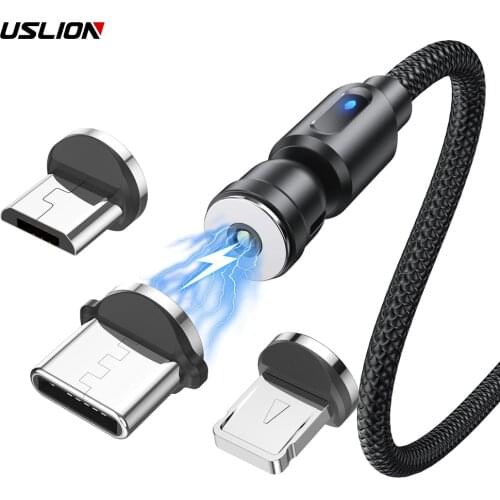 USLION 540 Rotate Magnetic Cable USB Fast Charging Type C Cable For Xiaomi Magnet Charge Micro USB Cable Mobile Phone Data Cord