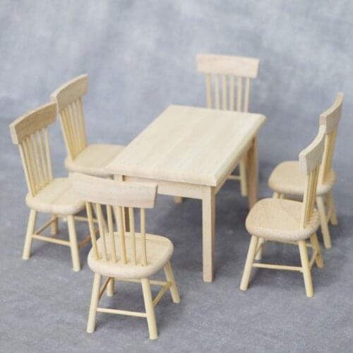 Handmade 1:12 Dollhouse Miniature Furniture Wooden Dining Table with 6 Chair Model Set